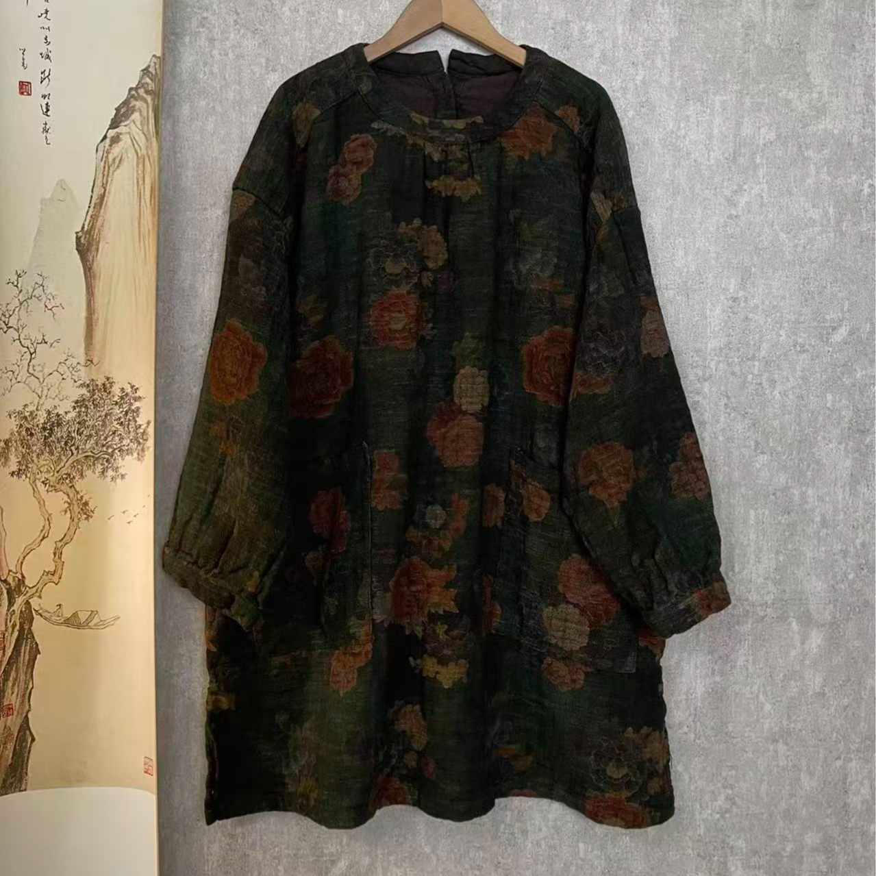 芬雅双织加厚肌理麻中式花色休闲中长衫[衣长82胸围132]