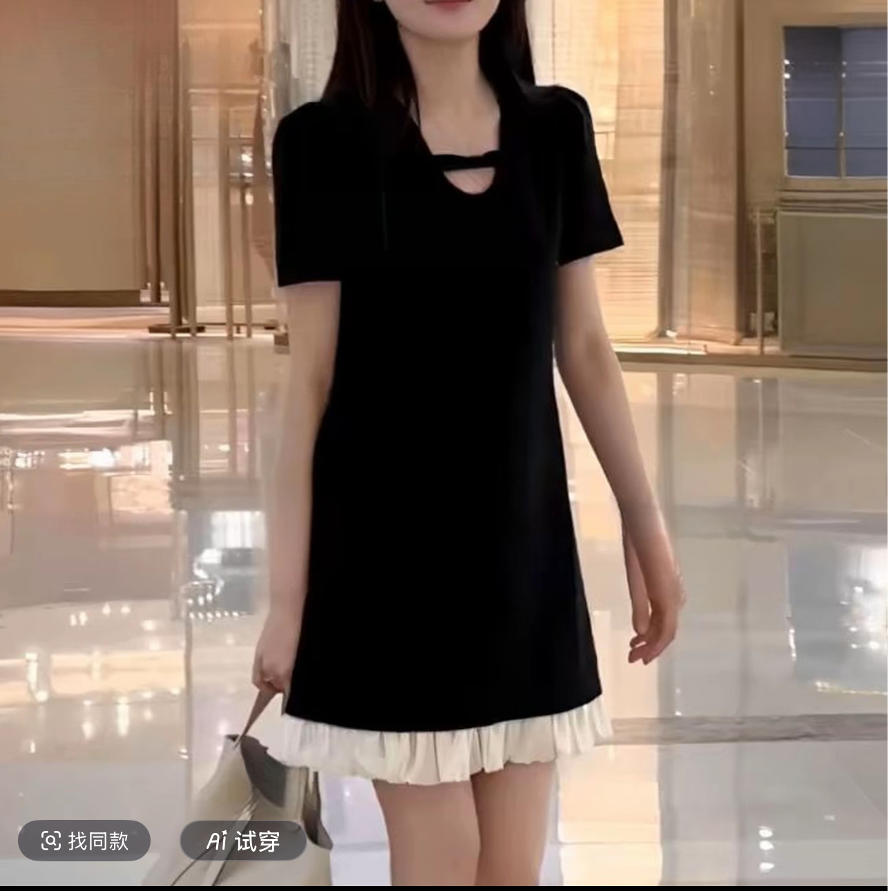 ZOZO-6867夏季新款女撞色褶皱素版休闲减龄百搭连衣裙