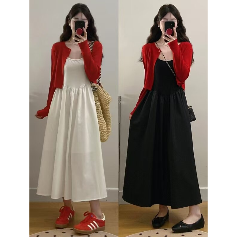 法式温柔开春穿搭一整套白色吊带连衣裙子女春装2025新款气质收腰