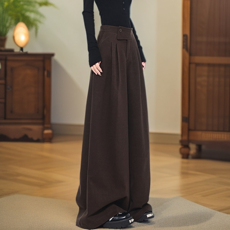 高个子175加长新款咖色加厚毛呢西装裤女美拉德风斜扣设计阔腿裤