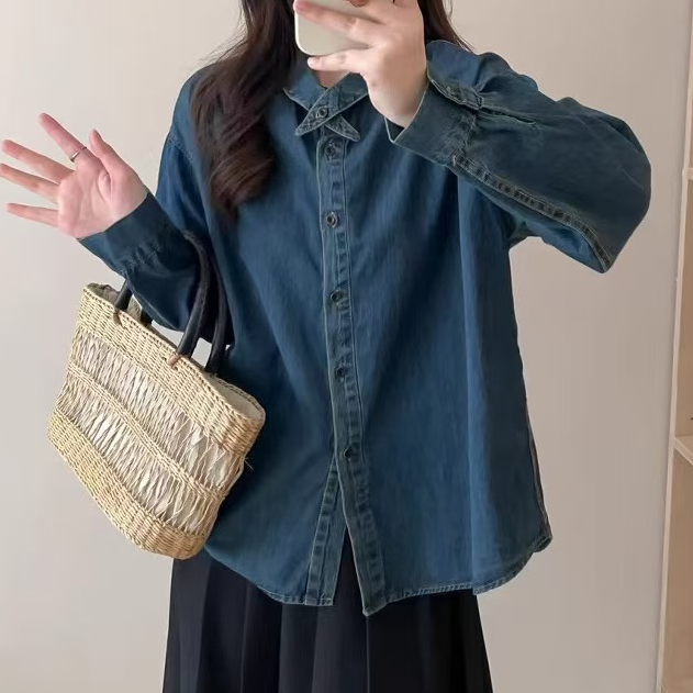 交叉小翻领复古牛仔衬衫