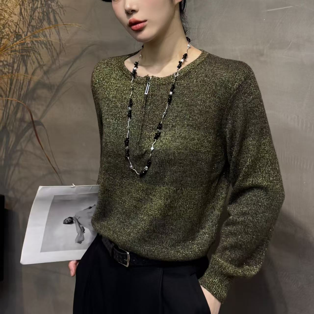 28106#2025新款冬季半拉链女款时尚针织长袖圆领