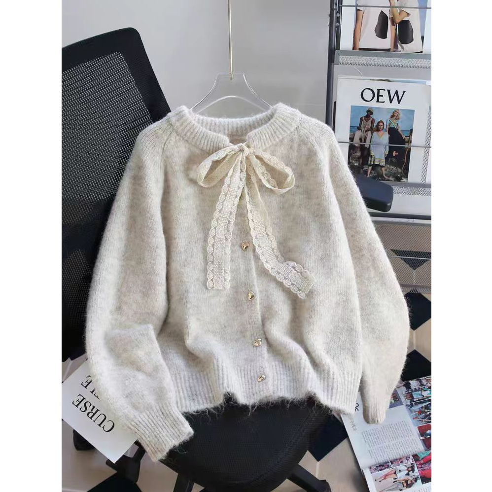 设计感蕾丝系带毛衣开衫女2025新款秋冬季慵懒风加厚软糯针织外套