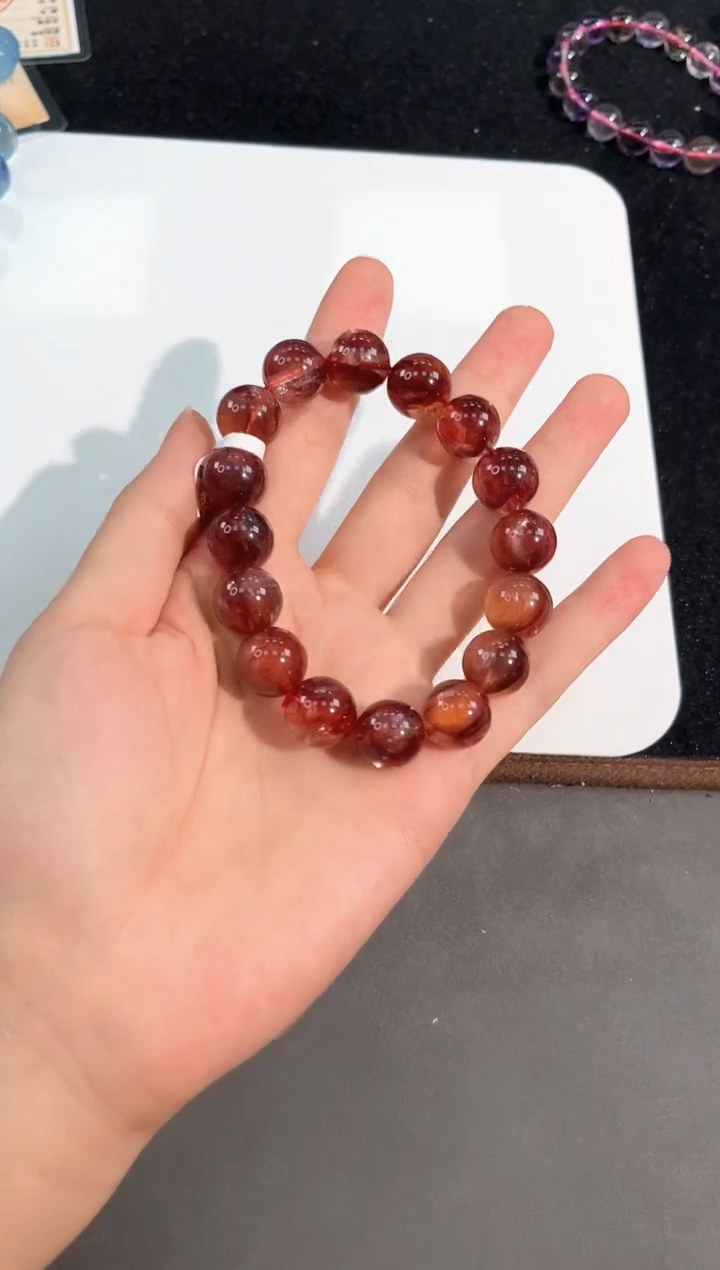 水晶手链未镶嵌44号牛血红胶花单圈13mm