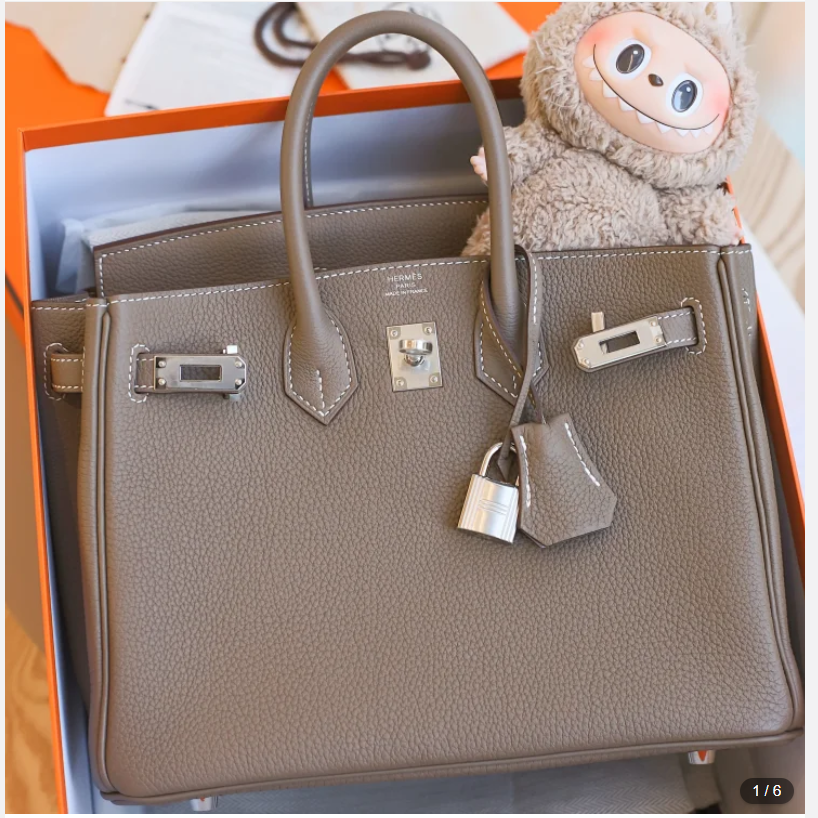 未使用 Hermes/爱马仕 Birkin25 W刻 TOGO皮 大象灰 银扣女包