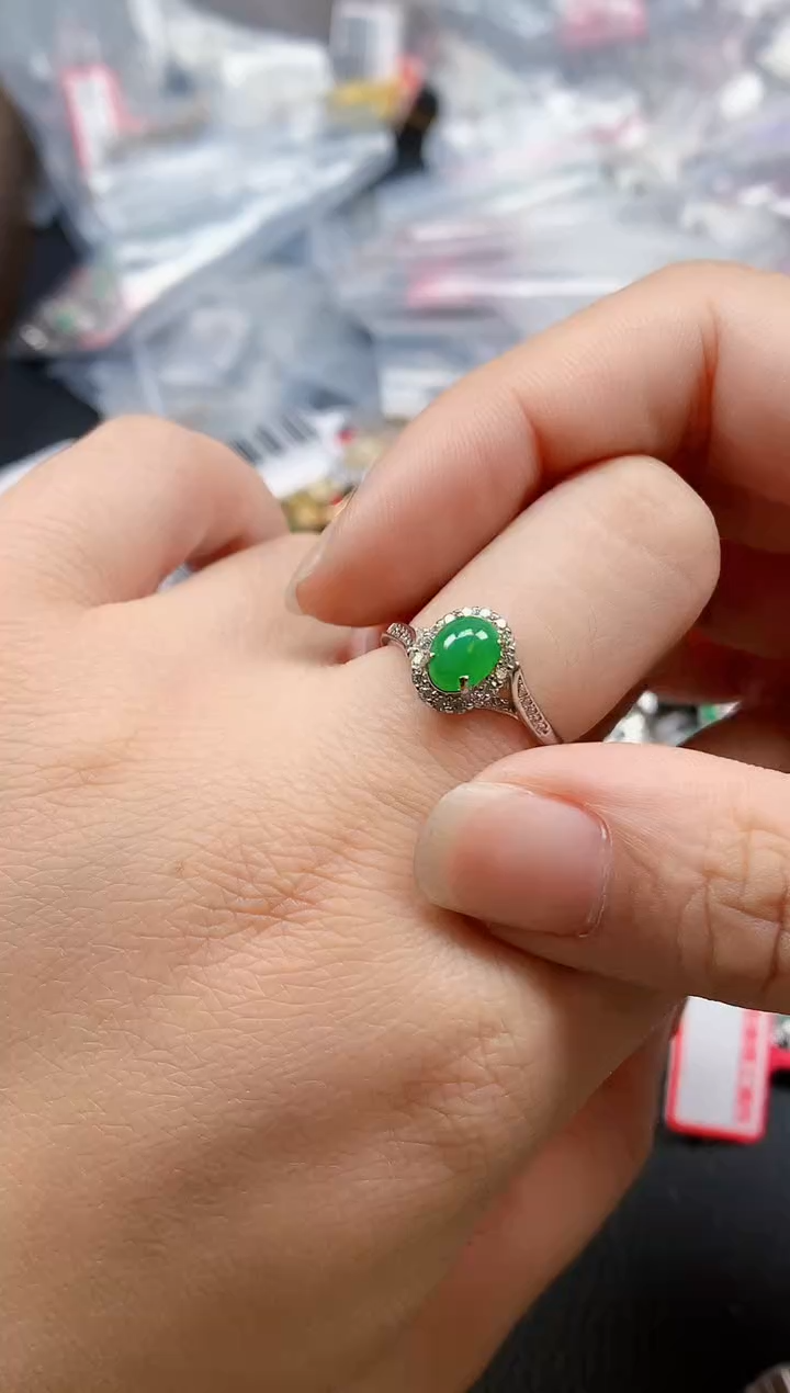 银S925镶嵌戒指翡翠天然A货缅甸翡翠