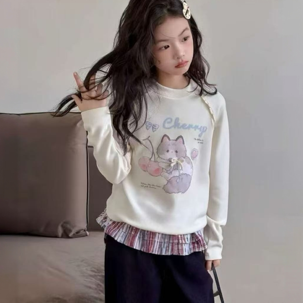 女童2025秋冬新款大童韩版休闲兔子印花磨毛加厚打底衫T恤253298