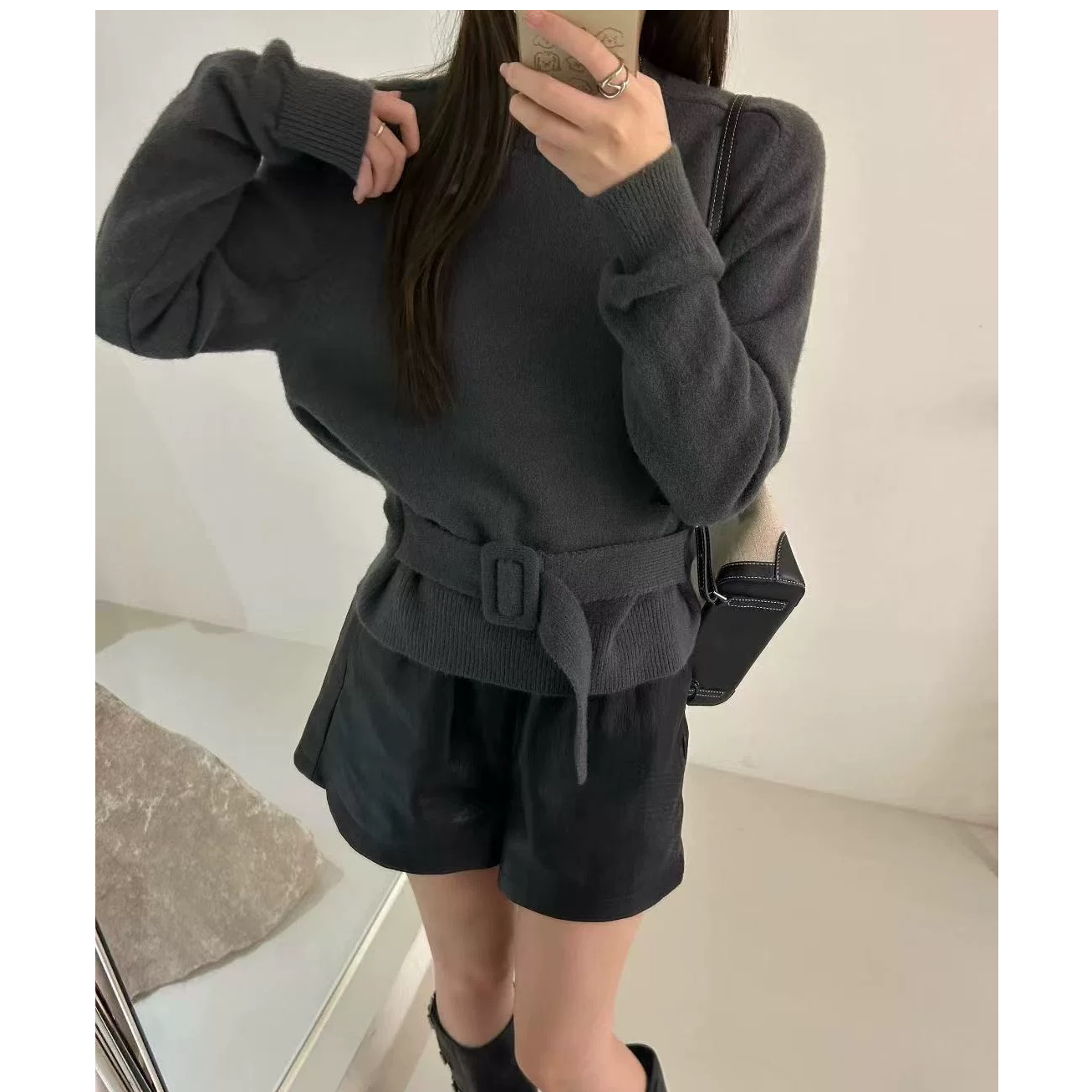 带腰带可调节圆领套头毛衣女宽松显瘦