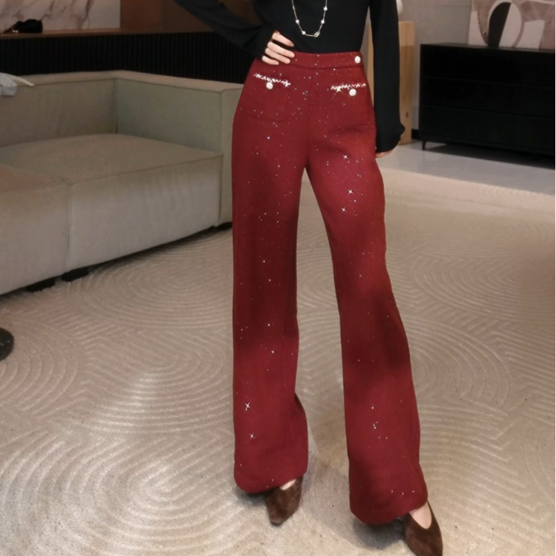 霓霓Lab  秋冬季新款气质满钻细闪中高腰显瘦休闲直筒裤N430