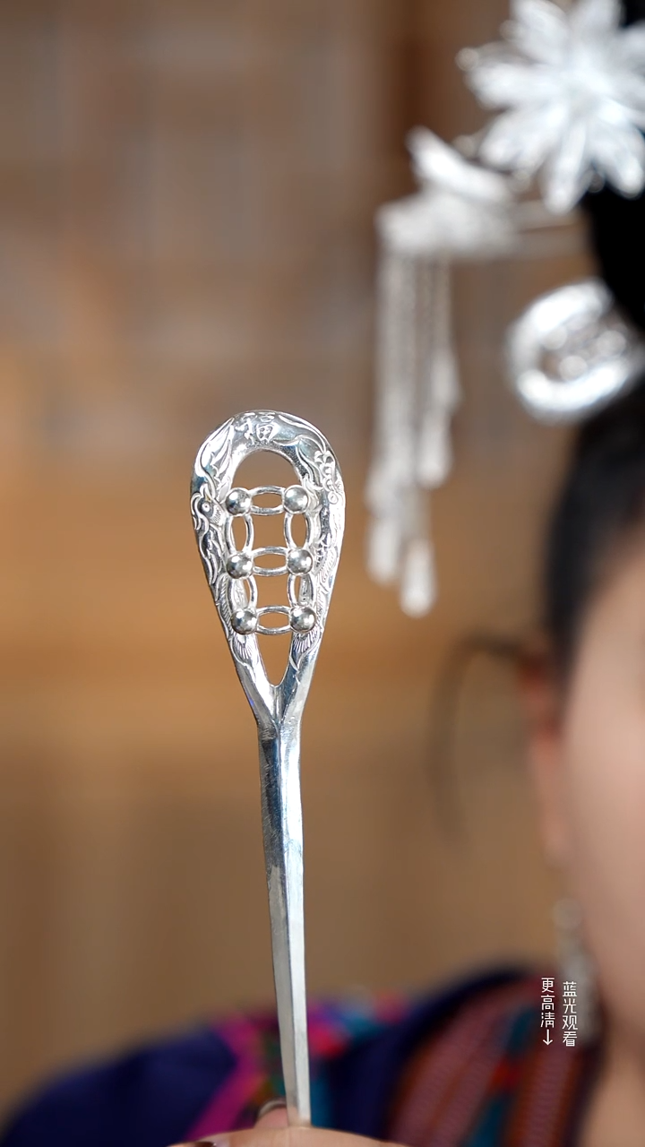 珐琅足银民族单脚发簪龙凤福