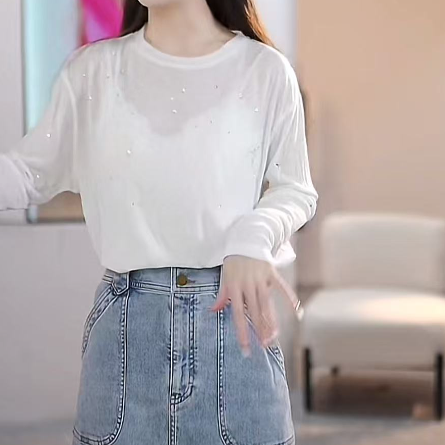 曼德诗微透防晒衫莱赛尔含绵羊毛纯色白色带钻上衣Y313309867