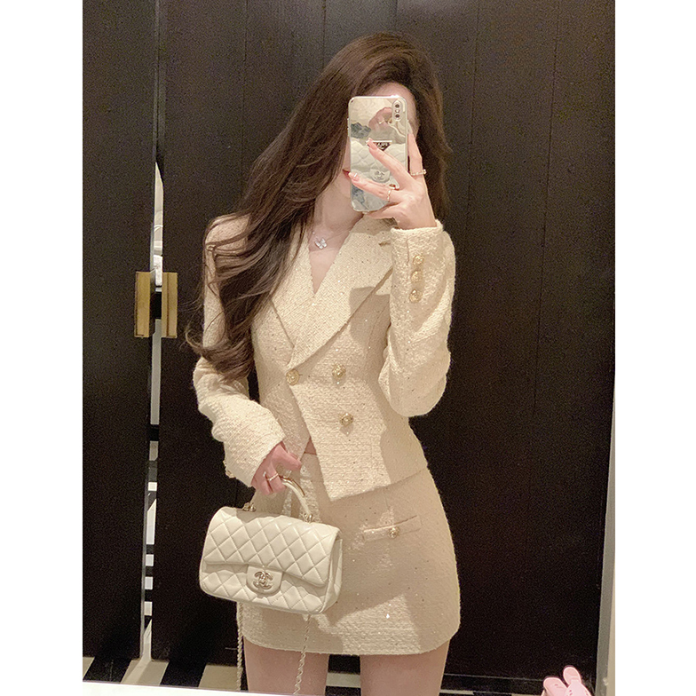 小香风西装套装裙女2025春秋新款收腰显瘦短外套上衣半身裙两件套