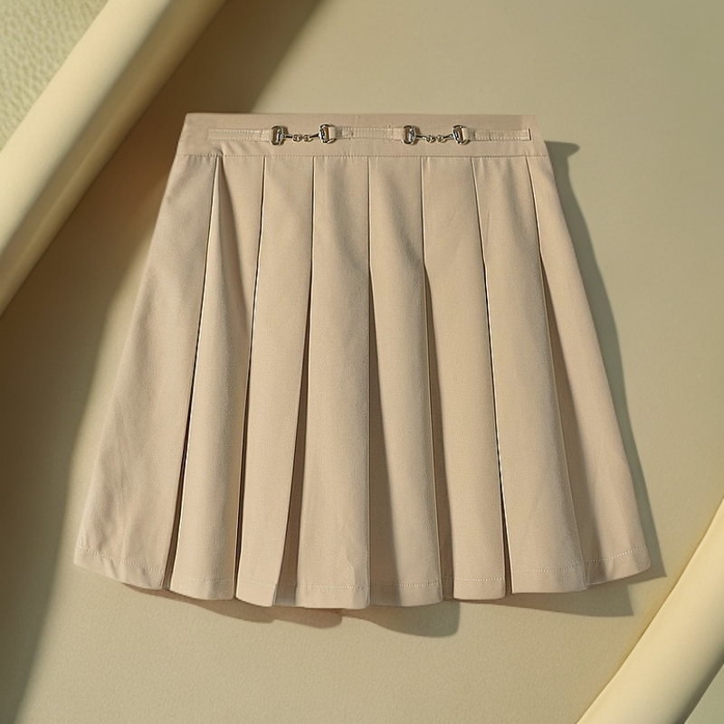 【魔M】剪标24夏品牌折扣日韩学院风金属装饰防走光百褶短裙女231