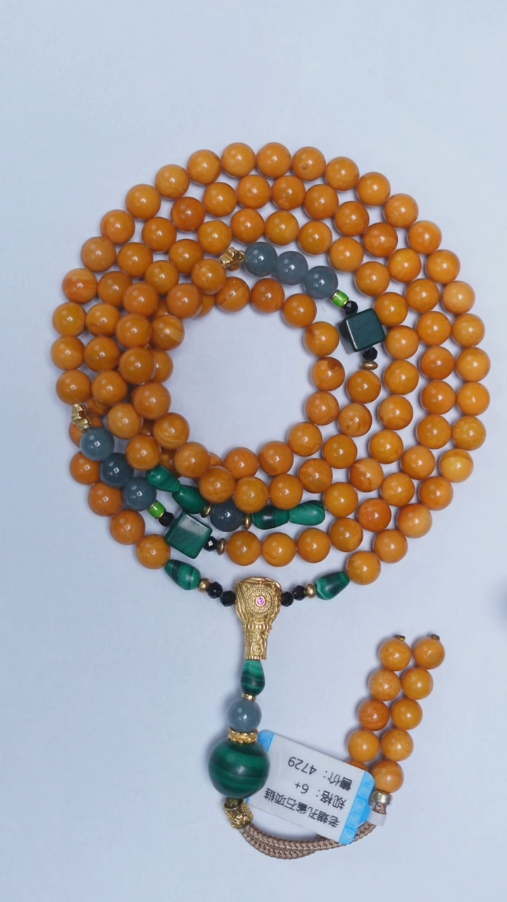 琥珀颈饰未镶嵌老蜡孔雀石108项链6mm
