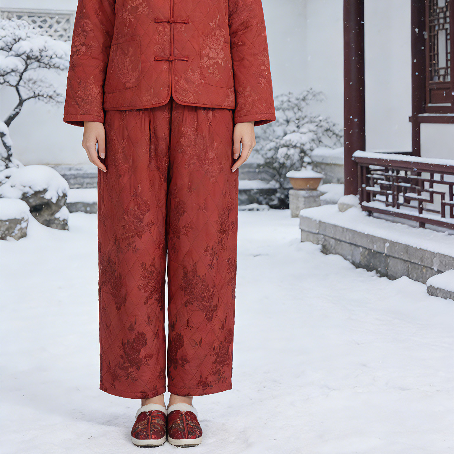 中式红色菱格棉裤冬季裤子冬款