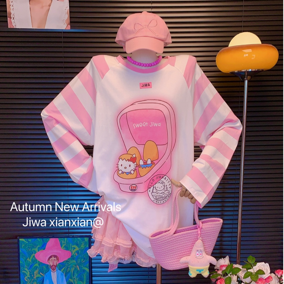 【纯熙+】18988早秋新款条纹袖开箱小猫T恤上衣女韩版宽松长袖