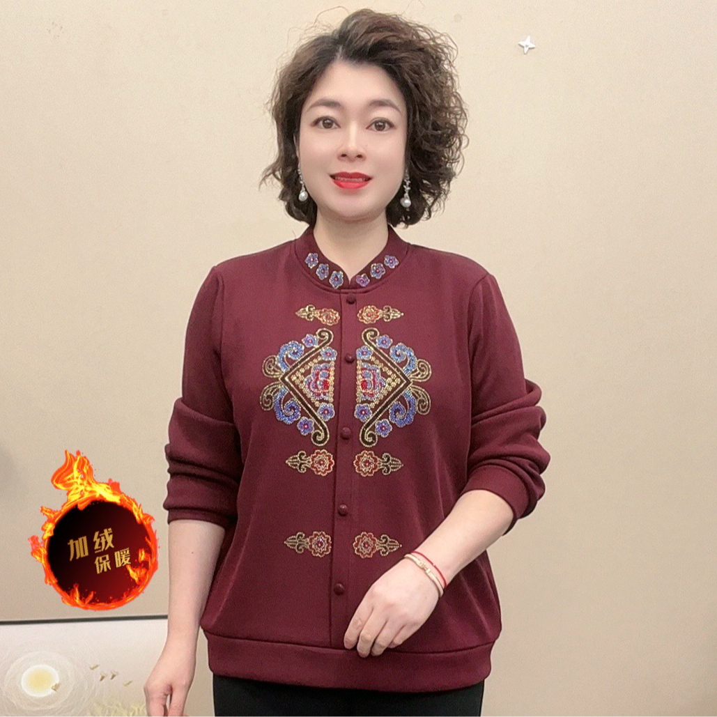 妈妈装冬季加绒保暖中老年女装新中式纯色打底衫长袖时尚洋气宽松