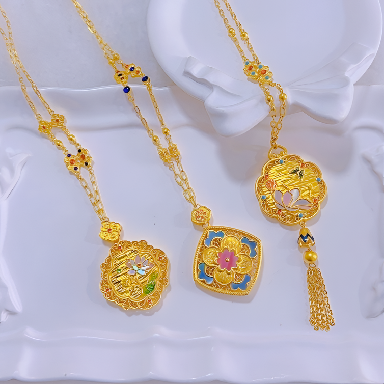 【赛菲尔万足】足金国色芳华蝶恋花系列螺钿套链足金项链