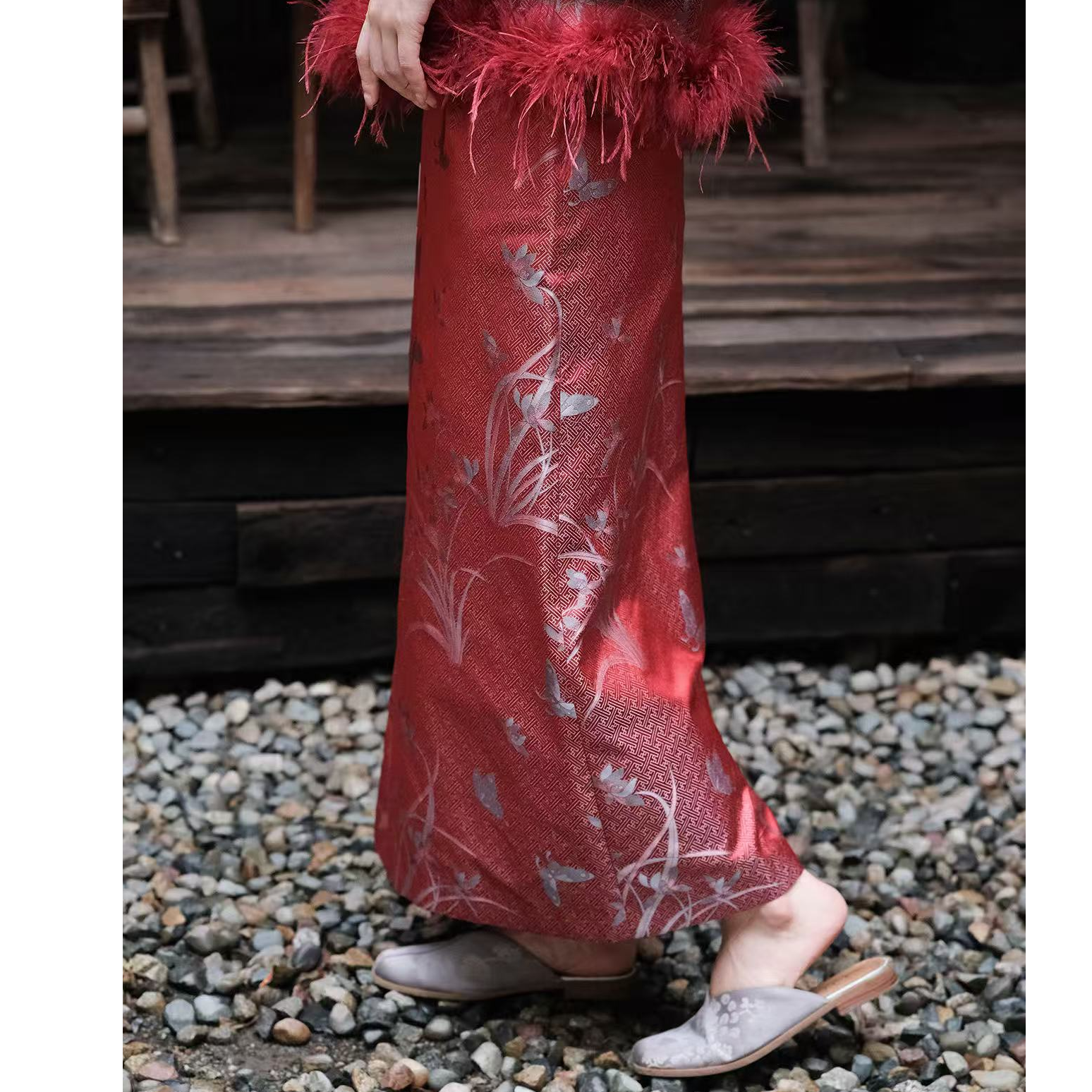盛唐牡丹兰花纹真丝重缎宋锦半裙