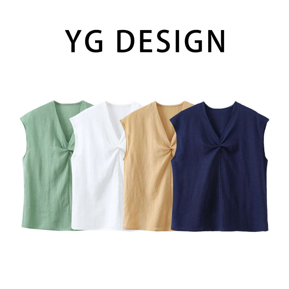 YG2083V领扭结无袖上衣女夏季宽松复古显瘦气质百搭极简短款