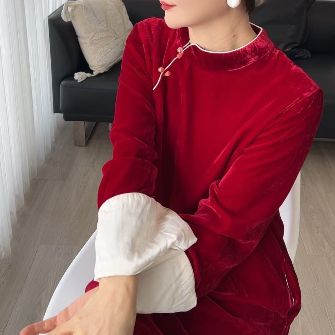 时尚气质简约显瘦减龄国风立领盘扣新年战袍红色连衣裙26243