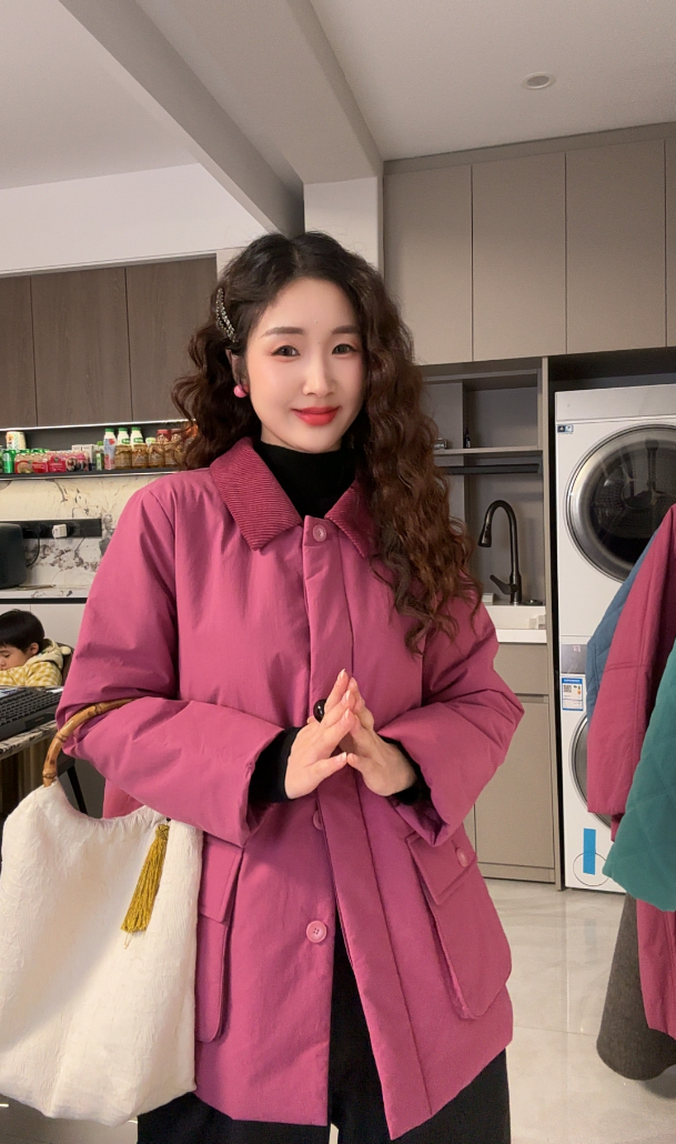 月月自制 树莓红翻领拼接棉衣短款外套女上衣文艺百搭棉服外套
