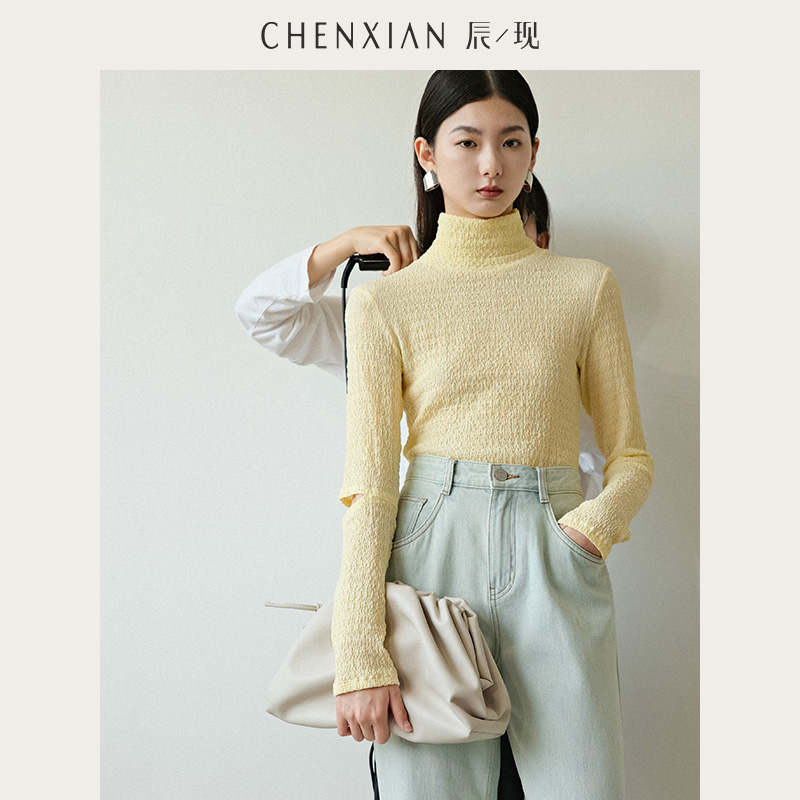 CHENXIAN辰现肌理感长袖V领镂空宽松T恤高领打底衫外穿上衣女秋冬