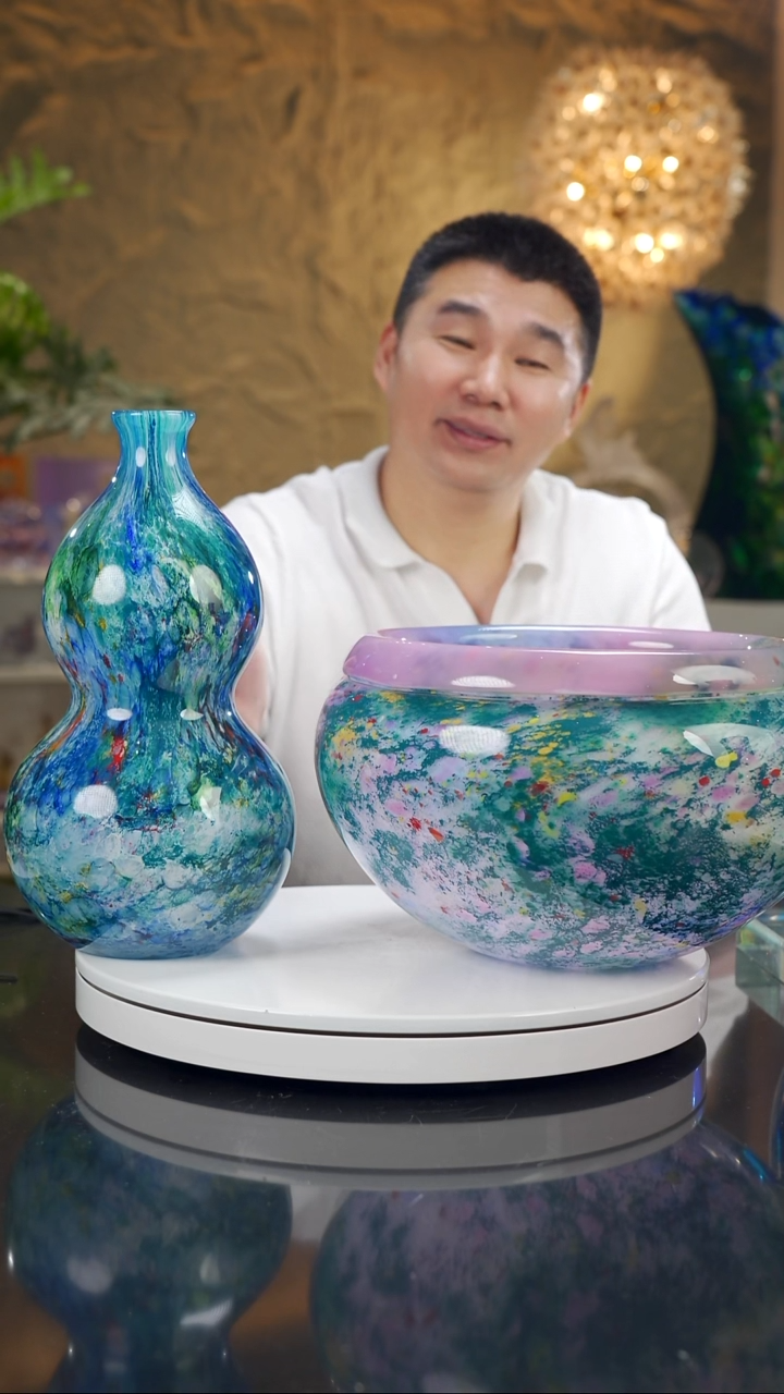 手工艺品琉璃石***n设计款粉莫奈葫芦花瓶预售
