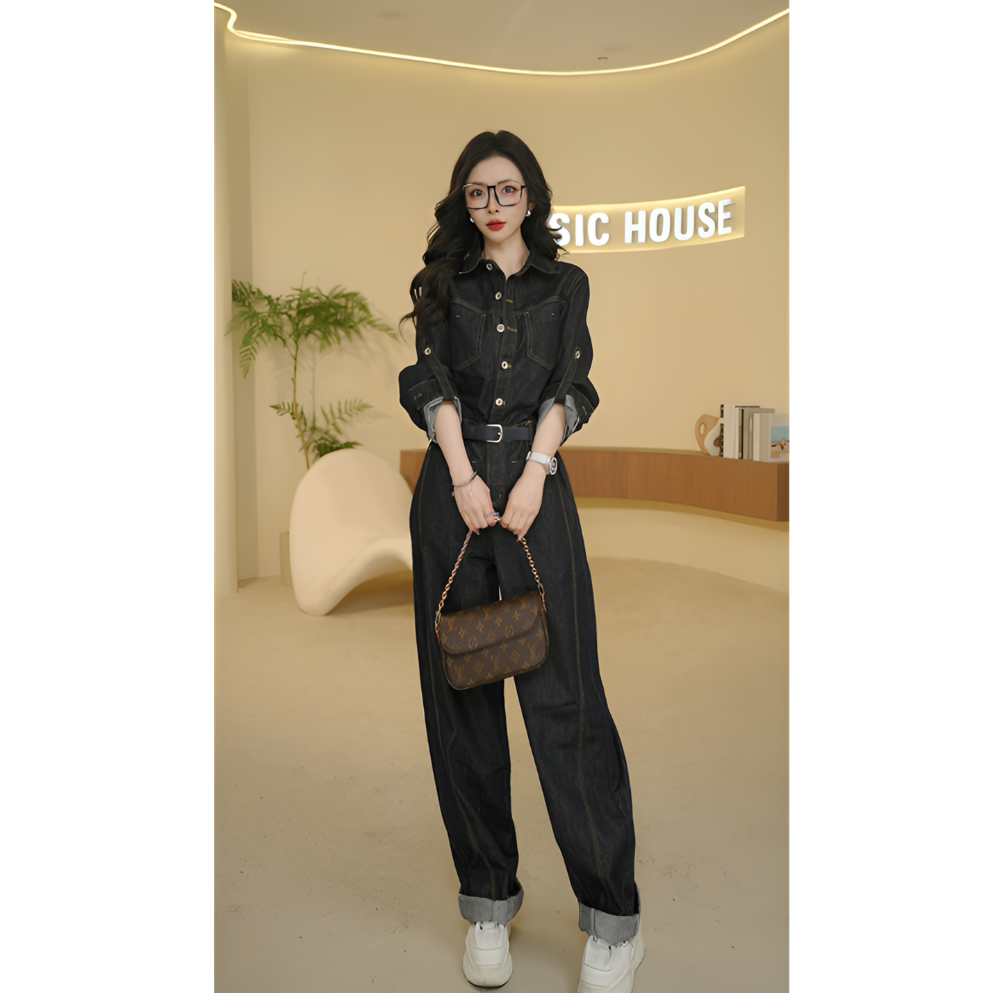 Basic House/百家好2025新款设计师高定休闲百搭气质牛仔连体裤女