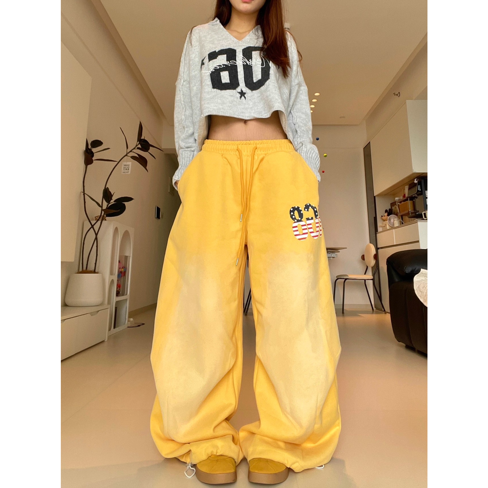 水洗做旧黄色美式hiphop卫裤女宽松阔腿休闲运动裤子设计感