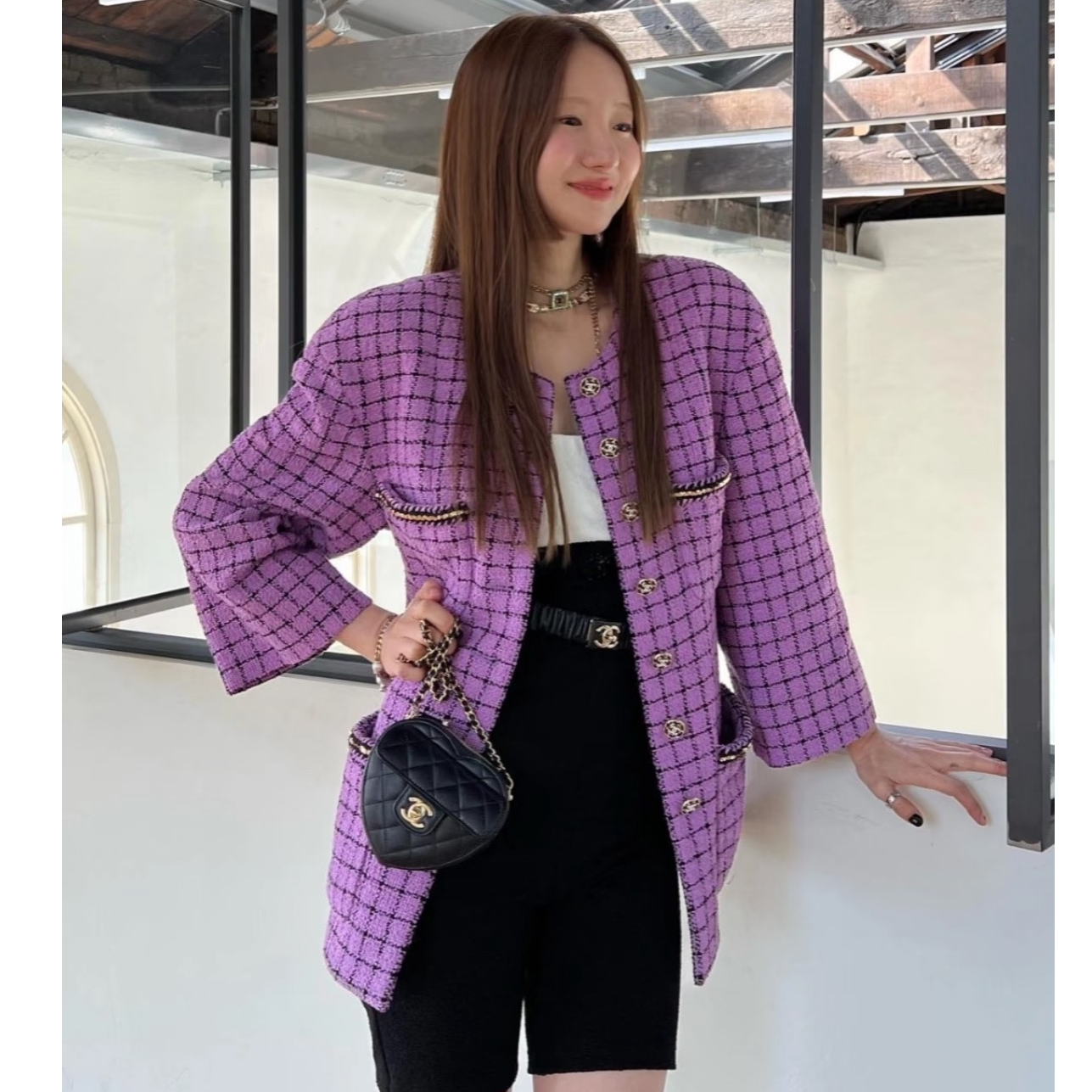 95新 Chanel/香奈儿 22S紫色格纹圆领四口袋外套/f38/编号0861