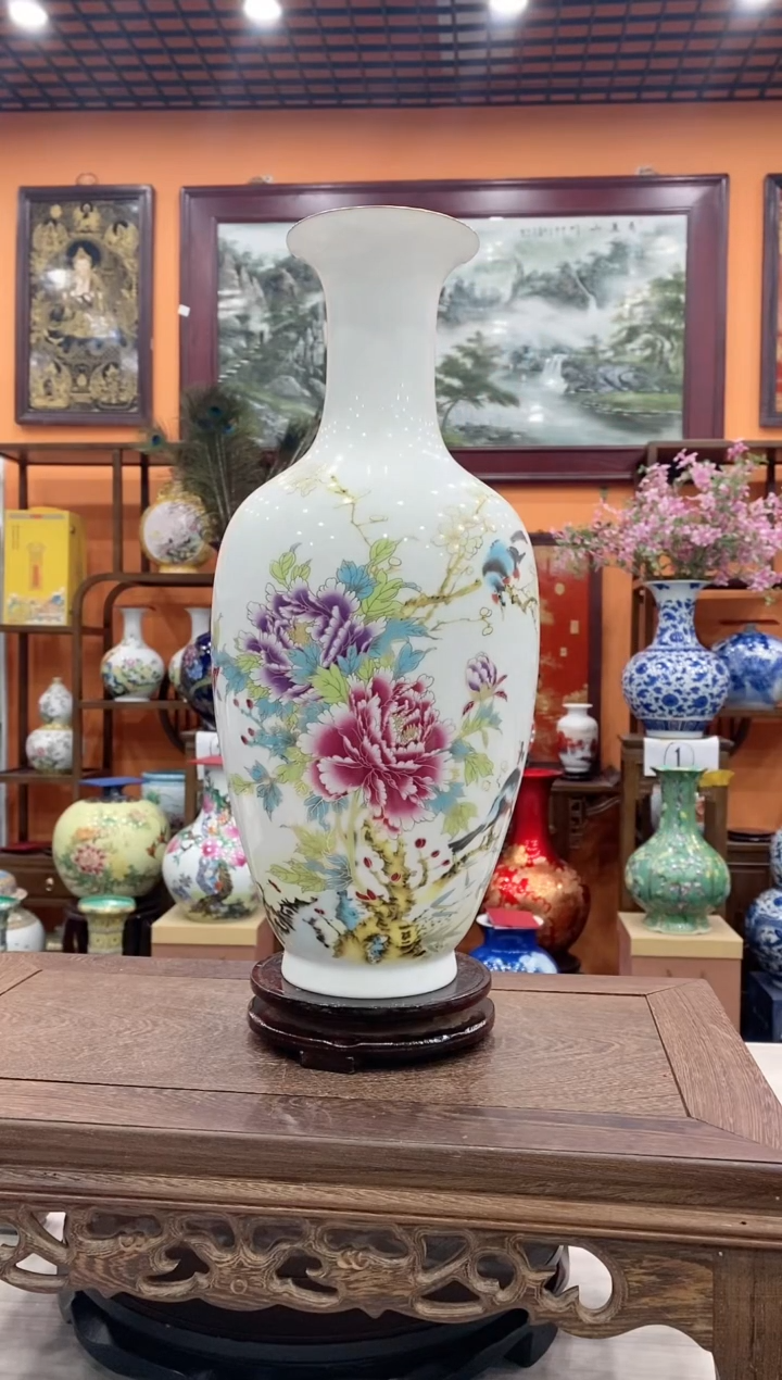 【闪购商品】瓶景德镇陶瓷摆件《富贵白须》花瓶+旋转底座
