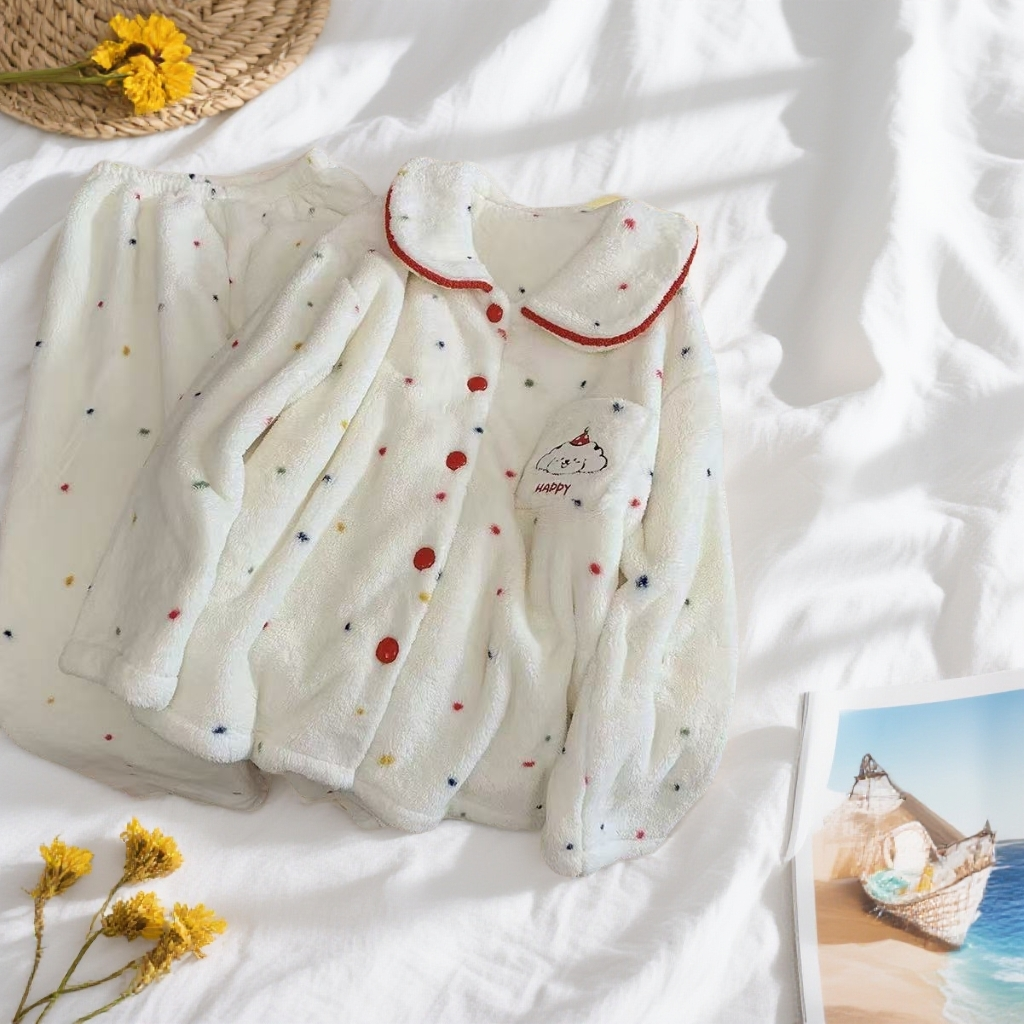 长毛绒睡衣女款加绒加厚可爱波点保暖可外穿家居服睡衣女秋冬款