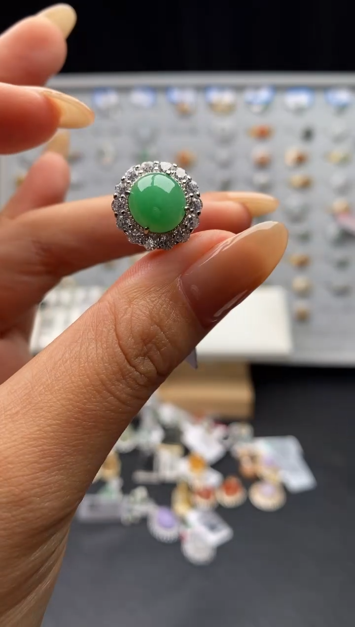 银S925镶嵌戒指翡翠天然A货翡翠