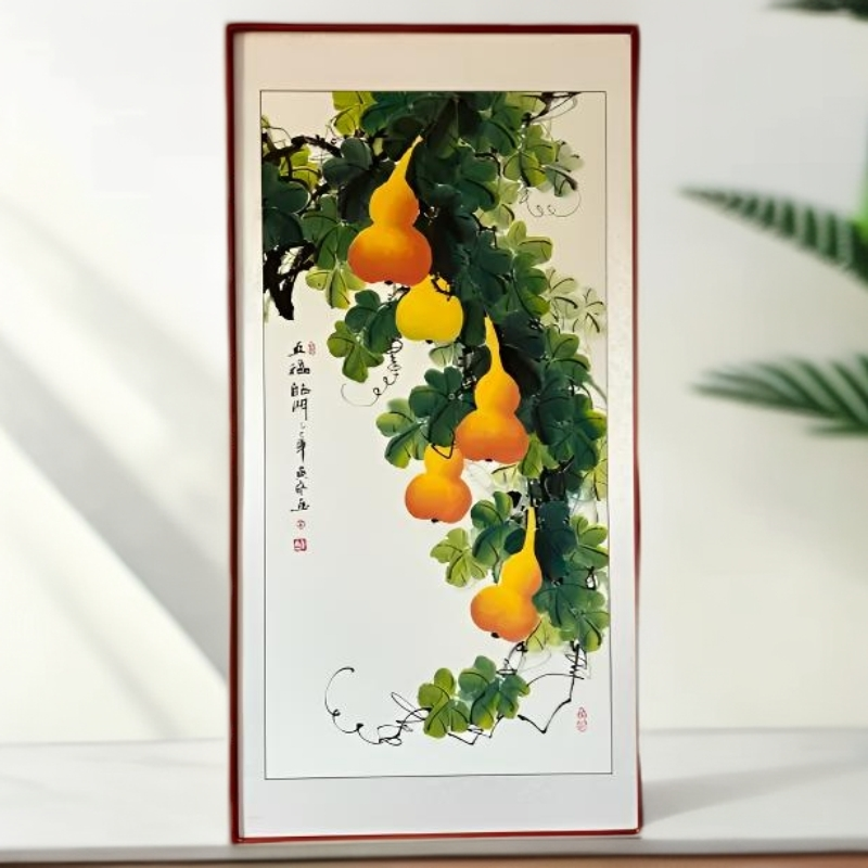 带框葫芦图福禄图五福临门中式玄关走廊装饰挂画外径82✖️162厘米