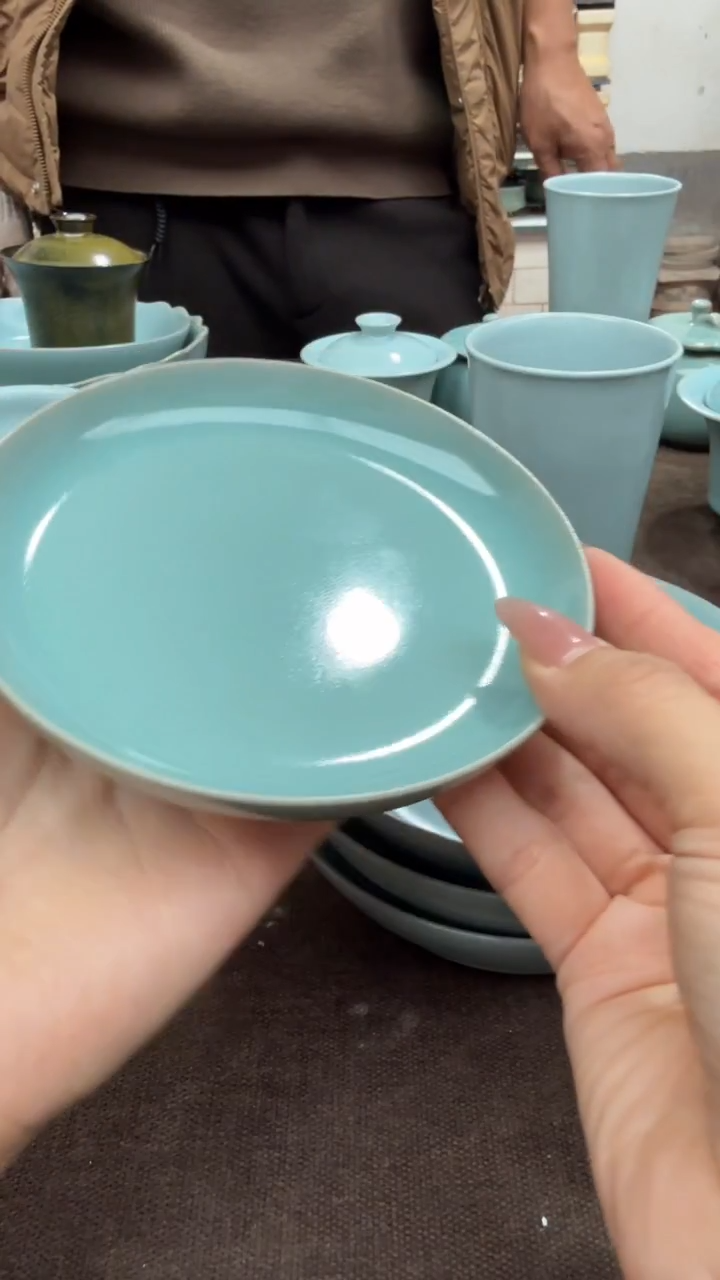 碟仿古天青纯手凤华碟变形瑕