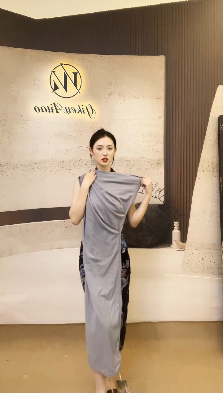 斜肩灰色长裙-120斤以内拍