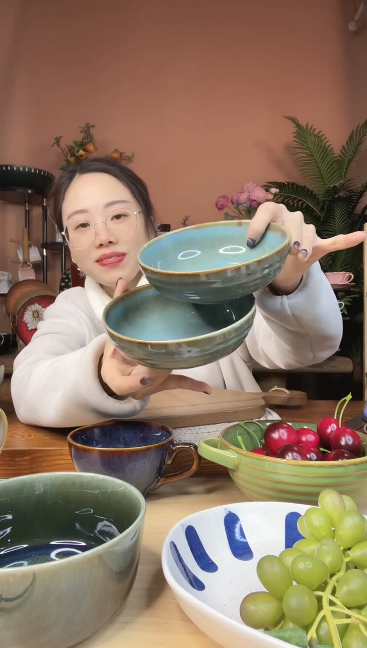 陶瓷5.5英寸浅口绿色米饭碗 2件 微瑕疵