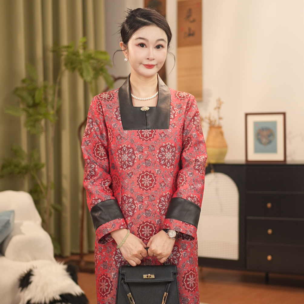【贺贺·红色宝相花】桑蚕丝宋锦螺钿工艺旗袍气质旗袍裙HF7083