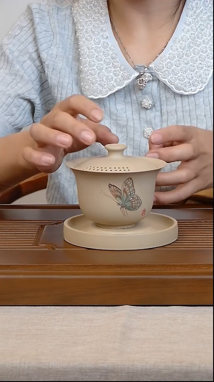11刻绘三才盖碗/玖陶纯手工制作