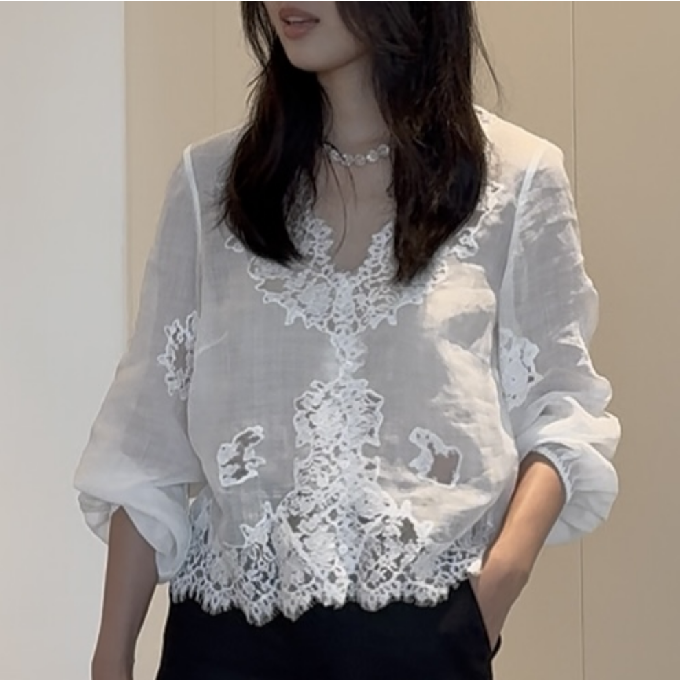 【云锦绣】100%苎麻·重工蕾丝·时尚优雅蕾丝边衬衫