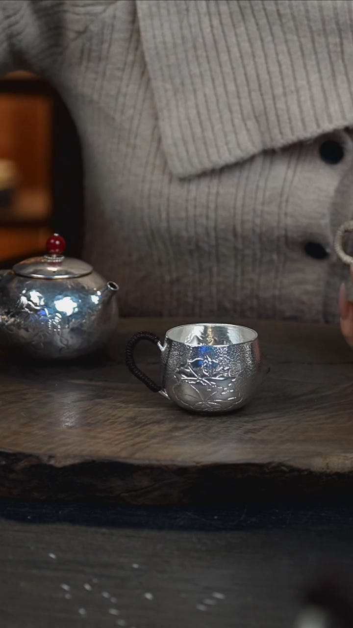 手工带把莲花银杯999