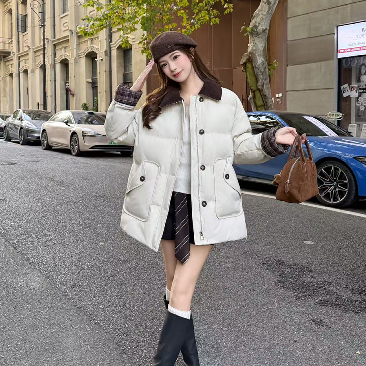 【洋洋】落肩袖拼接中长款棉服长袖极简风女装米白色韩版保暖