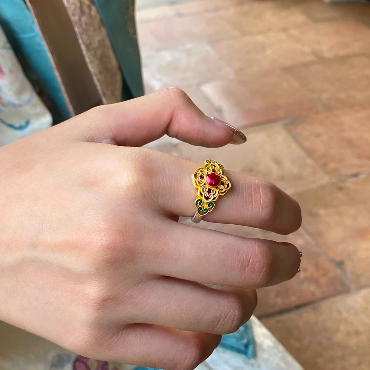 足银戒指 银河银饰「翊坤宫」新中式描金彩色戒指足银990活口银戒女