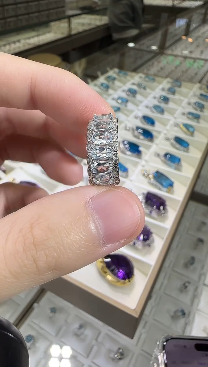 银S925镶嵌戒圈海蓝宝石8mm