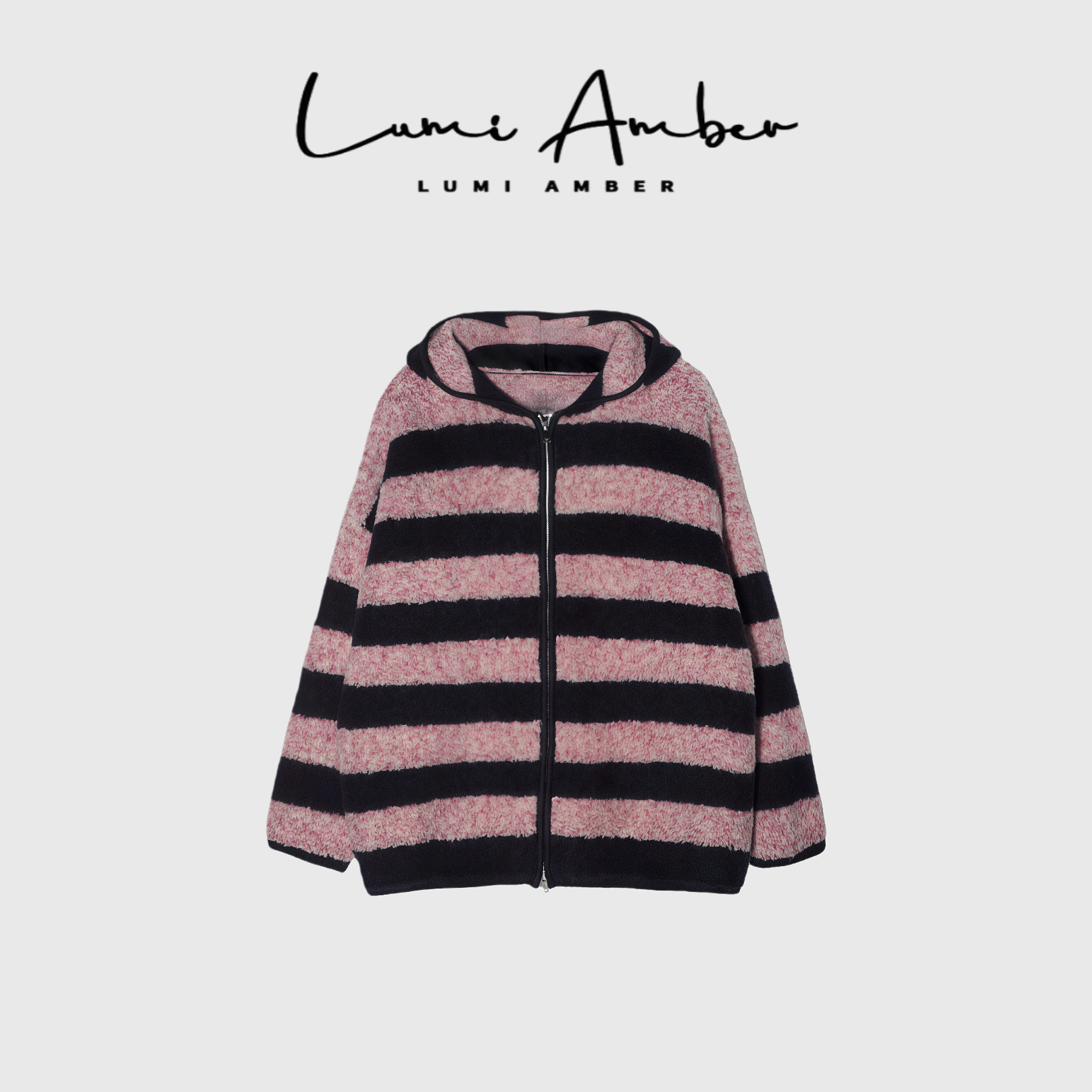 Amor樱花*100羊毛 亲肤顺滑条纹连帽拉链针织开衫MEF-GT15-63-122