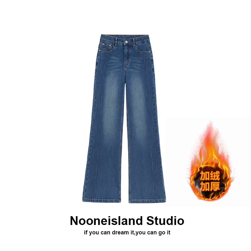 冬季高腰显瘦加绒加厚款微喇牛仔裤女士新款阔腿休闲百搭裤子6065