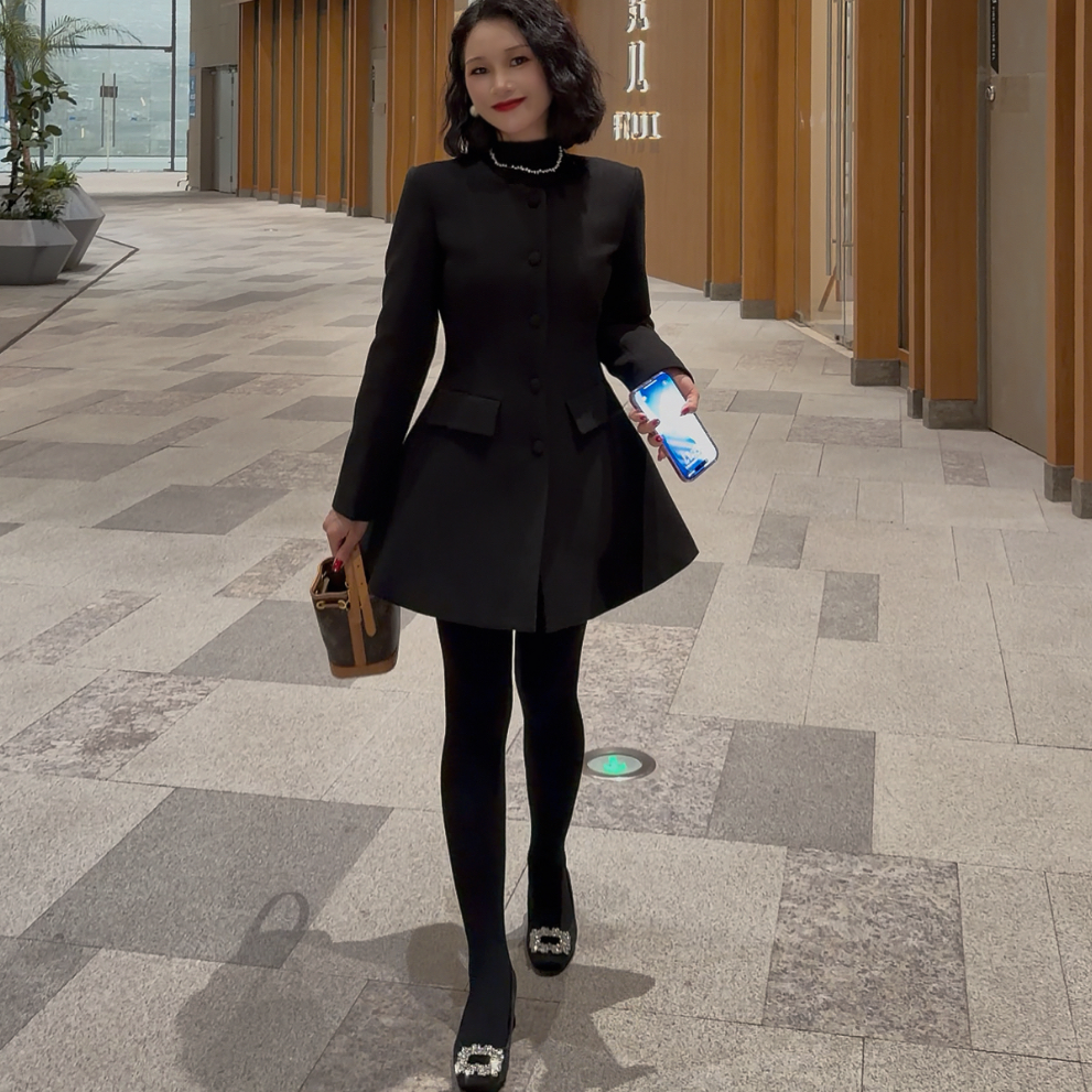 K N J小个子定制气质收腰显瘦厚黑穿搭小香风沙漏腰毛呢连衣裙