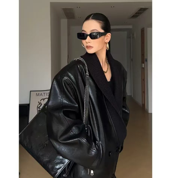 【小鑫】定格经典 大码胖mm高级感小众独特拼接针织领pu皮衣外套