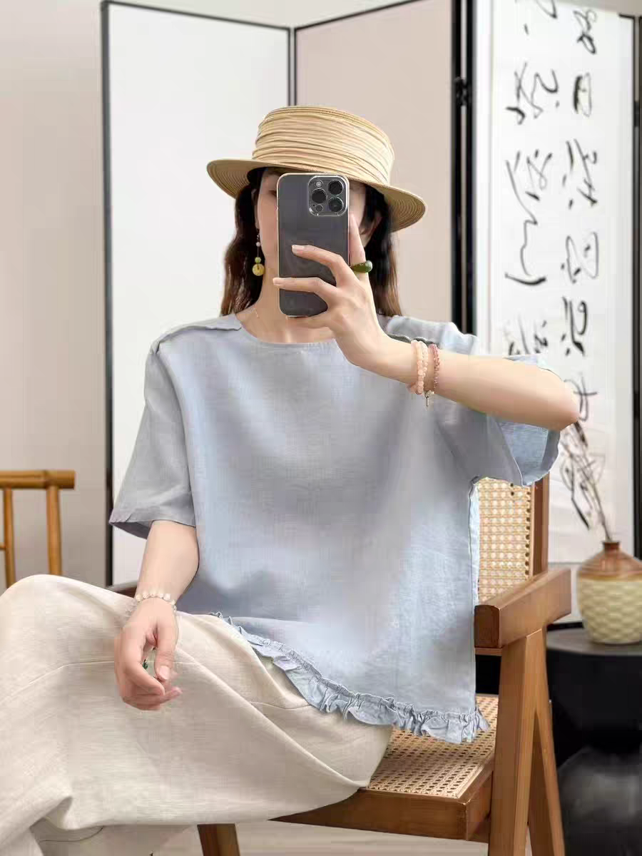 YM8002【100%进口亚麻】木耳边前后两穿小衫设计师高定款夏季宽松
